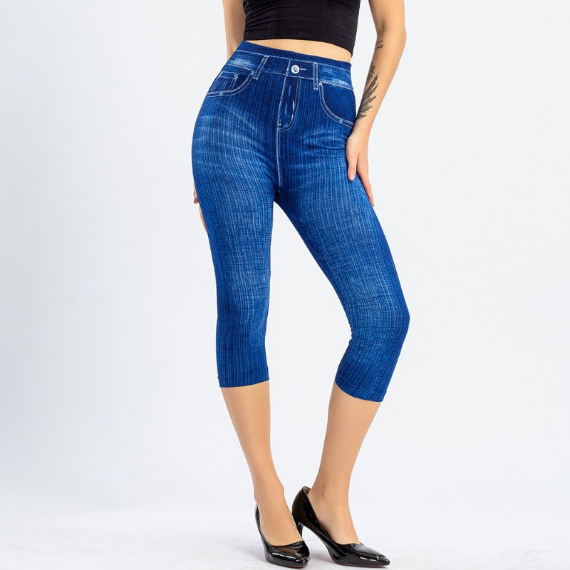 Wholesale Stretch Denim Leggings with Slim Fit and Raised Hips, Printed One-piece Pants